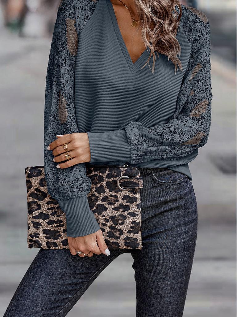 Women's Knitted V-Neck Lace Loose Casual Summer Spring New Arrivals Top