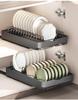 Pull-Out Kitchen Cabinet Dish Rack with Built-in Shelf and Draining Basket