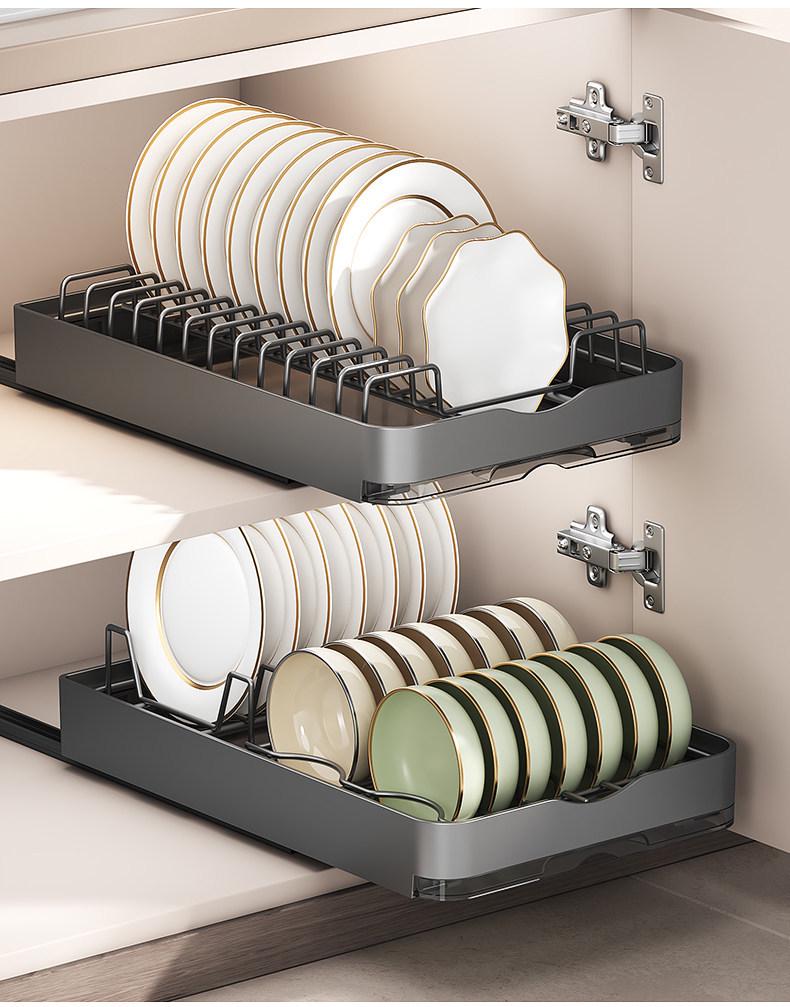 Pull-Out Kitchen Cabinet Dish Rack with Built-in Shelf and Draining Basket