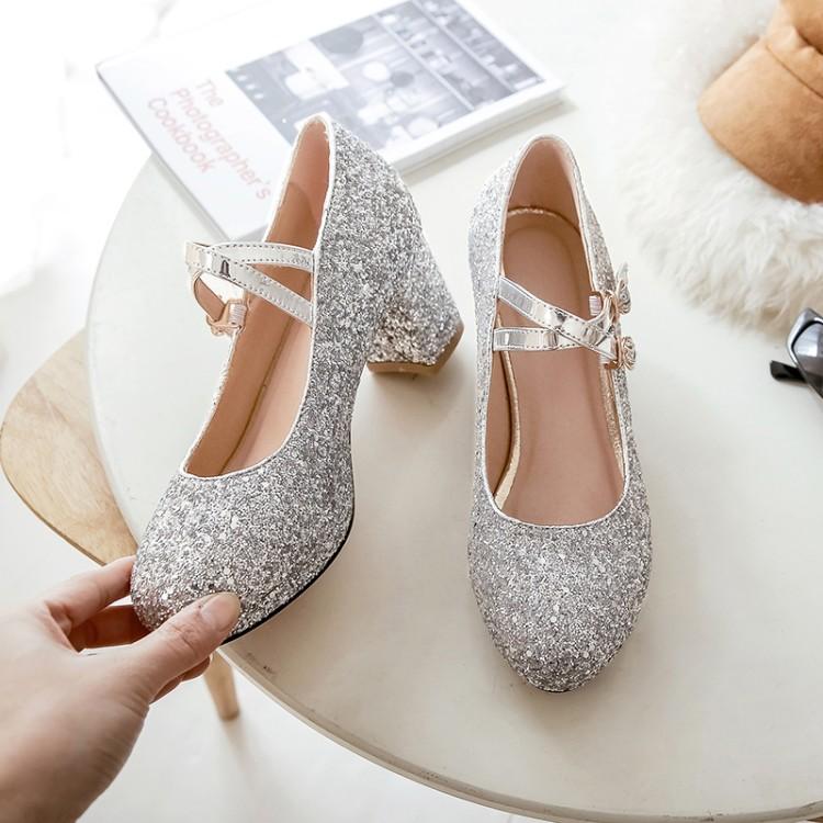 Velikost 33-43 Dámské červené třpytivé zlaté boty na vysokém podpatku, Mary Jane lodičky s dvojitým přezkovým páskem, společenské svatební