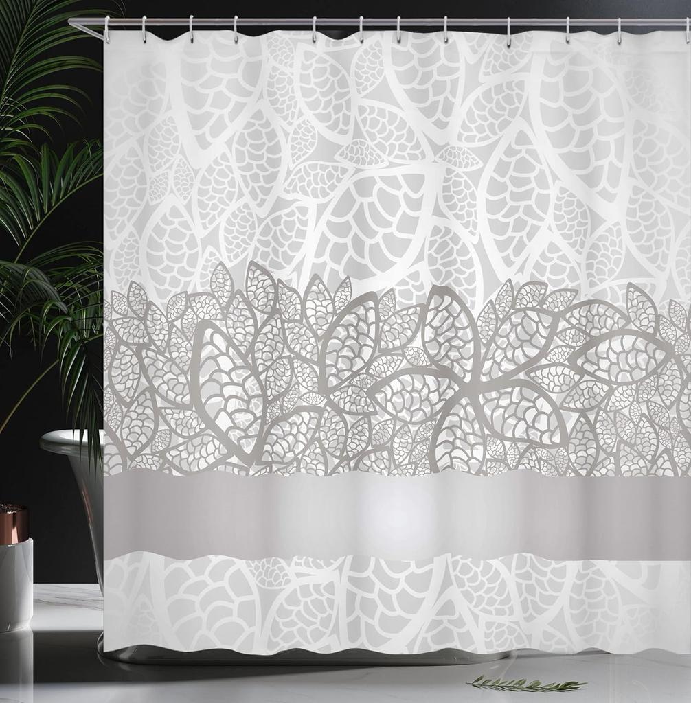 Grey Shower Curtain, Lace Inspired Flower Motifs Bridal Composition Leaves Wedding Theme, Cloth Fabric Bathroom Decor