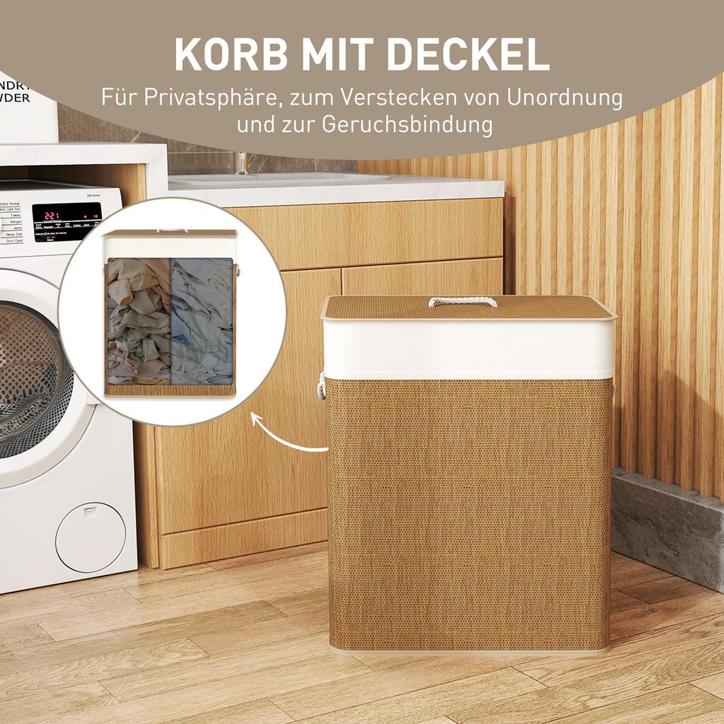 2 Section Laundry Basket with Lid, 100L Bamboo Laundry Hamper with Handles, Removable and Washable Liner, Brown