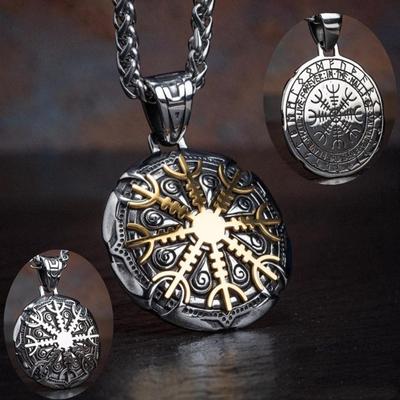 Vintage Men's 316L Viking Rune Vegov Í Sir Compass Pendant Necklace Viking Rune Compass Pendant Men's Amulet