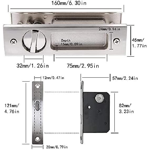 LWZH 6.3" Brushed Silver Privacy Pocket Door Lock Hardware, Invisible Recessed Handle Latch with Keys, Sliding Door Mortise Lock, Double Barn Door