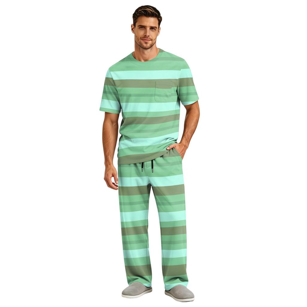 Men's Short Sleeve Pajama Set with Long Pants, Button Crotch, Elastic Waist Drawstring - Comfortable Sleepwear