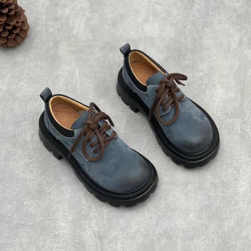 Johnature British Style Genuine Leather Shoes With Thick Soles Retro Lace Up Soft Cowhide Round Toe Women's Shoes