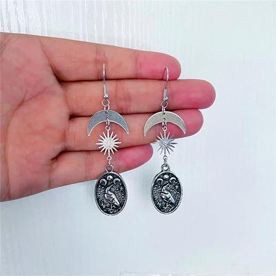 Gothic Vintage Crow Earrings for Women Girls Fashion Pagan Witch Jewelry Accessories Gift Twigs Moon Sun Crow Pendant Ear Hooks