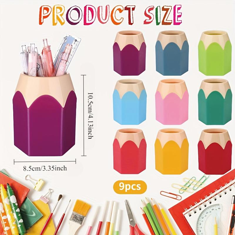 9pcs Cartoon Pencil-Shaped Desk Organizer Set PE Plastic Pen Holder with Cup and Box, Office Colorful Stationery Storage, Desktop Brush Container