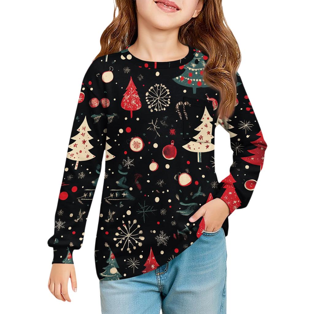 Christmas Day Girls' Long Sleeve Blouse - Round Neck Soft Waist Tunic