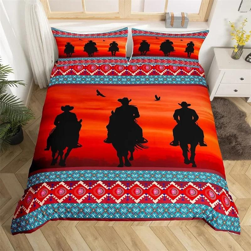 Western Cowboy Bettbezug Set Einzelbett King Wild West Themen Cowboy Bettwäsche Set Mikrofaser Rodeo Cowboy Pferd reitend Steppdeckenbezug