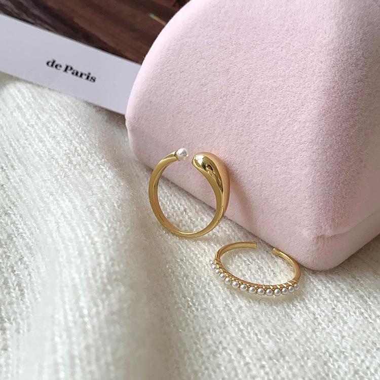 

Real gold electroplated pearl opening ring 2-piece set of simple versatile plain ring index finger ring personality temperament jewelry