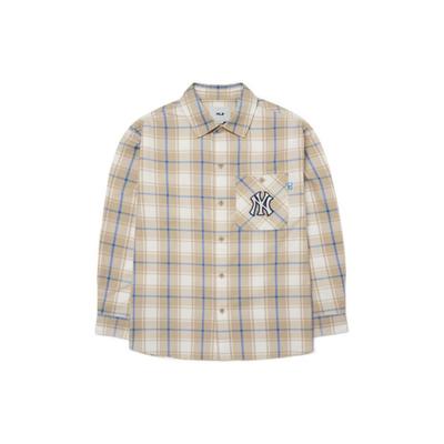 MLB New York Yankees Color Block Plaid Comfortable Casual Long Sleeve Shirt Unisex Shirts Khaki 3AWS00221-50BGS