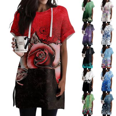 Γυναικεία φαρδιά πουκάμισα με εμπριμέ κοντομάνικο κορδόνι με κουκούλα πλεκτό στο πλάι με κουκούλα πουκάμισο με κουκούλα και τσέπη