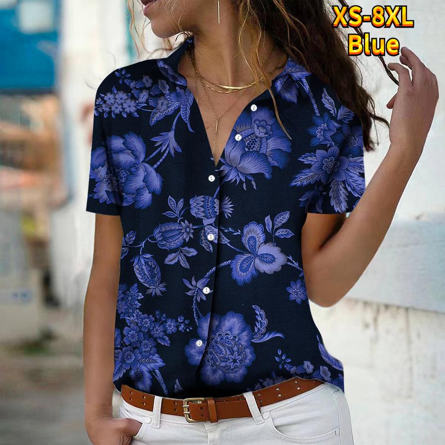 2025 Summer New Fashion Women's Flower Printed Short Sleeve V-neck Casual Button-down Shirt Top