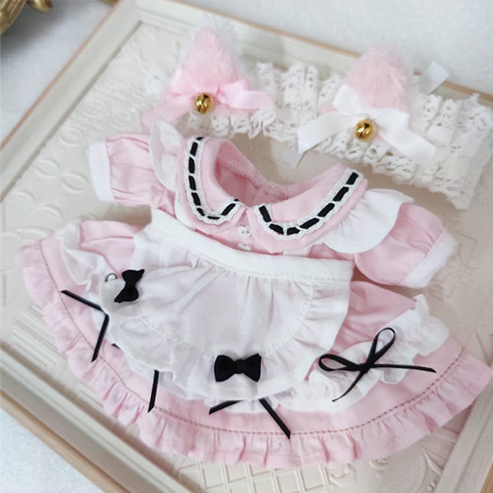 Niannyyhouse 20cm Doll Clothes for Plush Toys Cotton Doll Clothes Headband + Dress + Apron 3-Piece Set Cat Ear Maid Suit Skirt Doll Baby Clothes