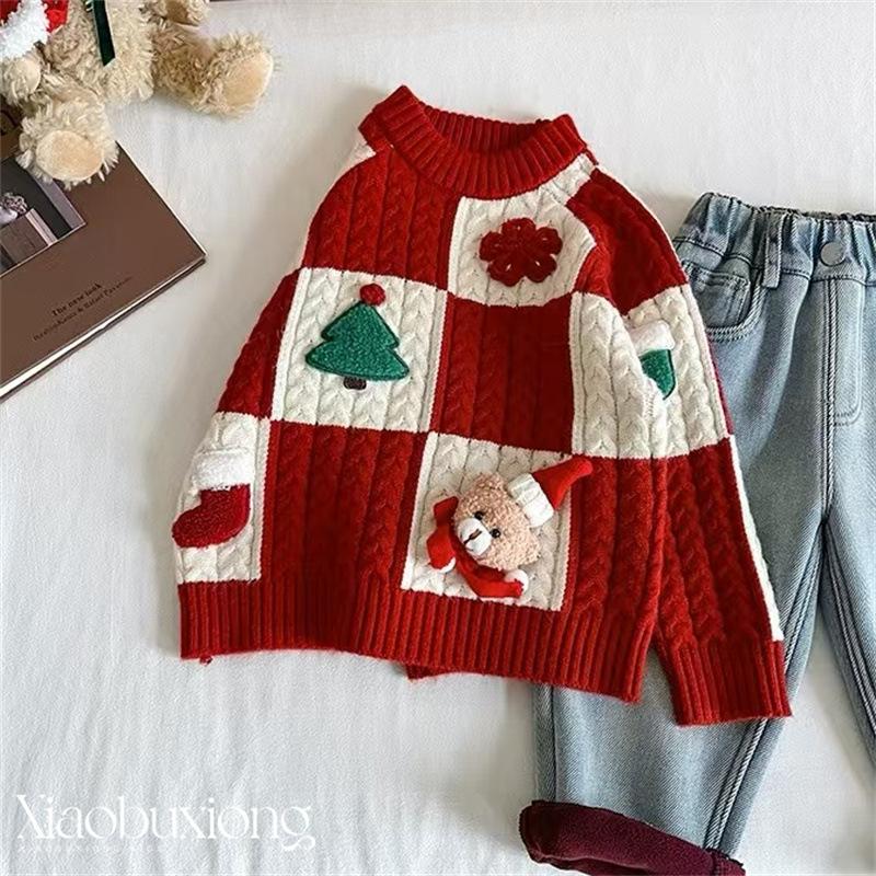 Kids Winter Thick Red Knit Sweater with Bear Print for Boys and Girls Christmas Holiday
