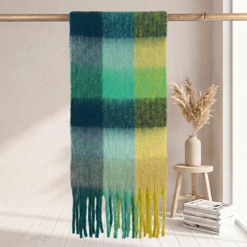 Women's High-Grade Colorful Plaid Mohair Scarf - Thick, Warm, and Versatile for Winter