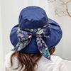 Female Summer Sun Hat Wide Brim Printing Bowknot Ribbon Foldable Soft Cap