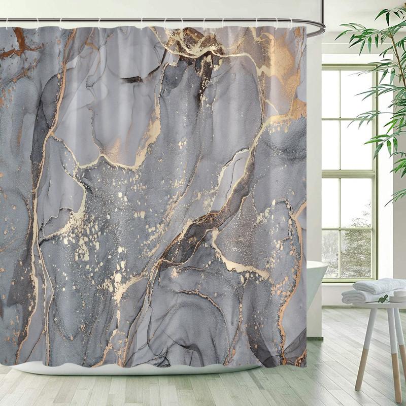 Grey Fashionable Golden Marble Patterned Bathroom Shower Curtain Waterproof