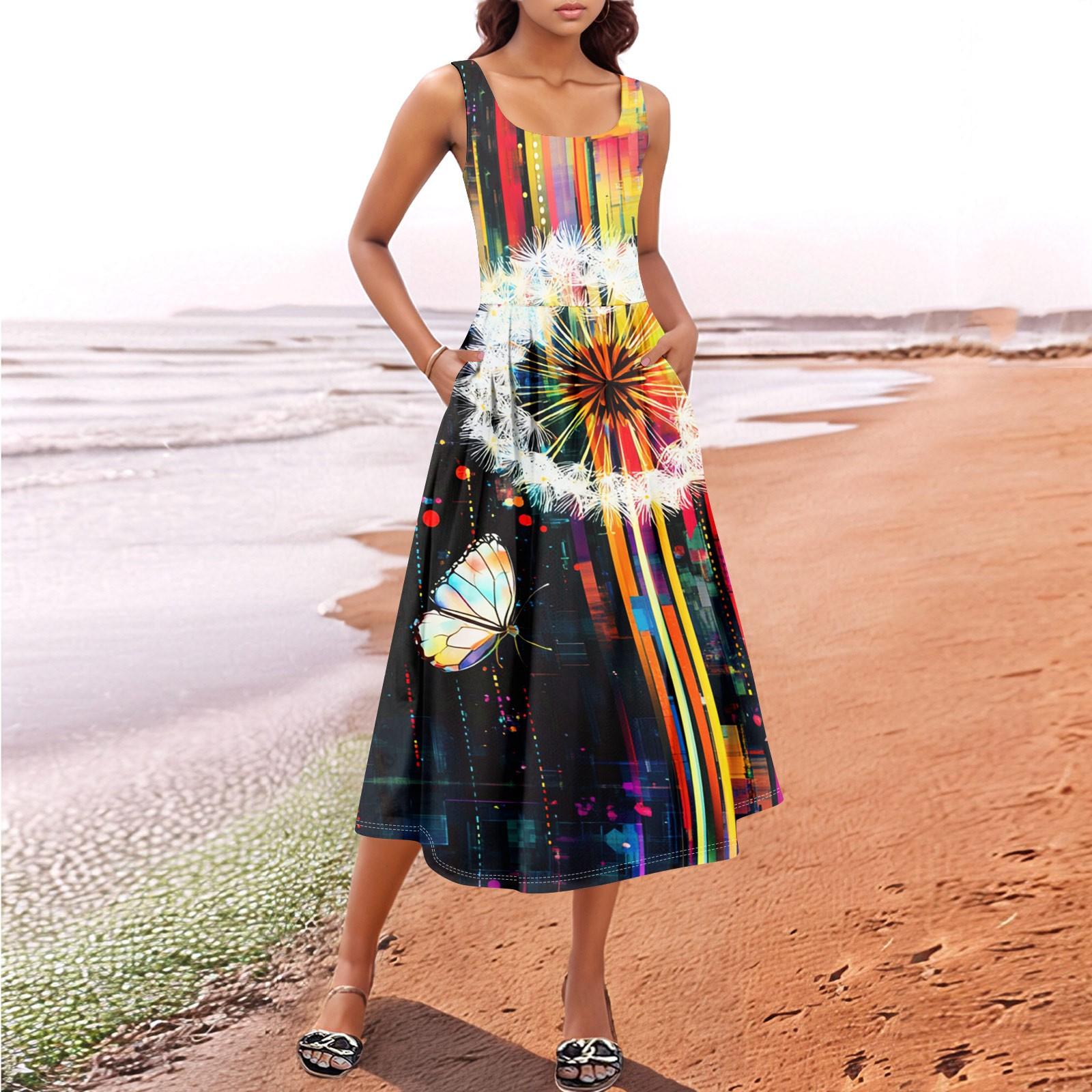 

Women s Summer Spring Casual Floral Sundress Sleeveless Beach Vacation Flowy Boho Tank Midi Dresses XL жовтий