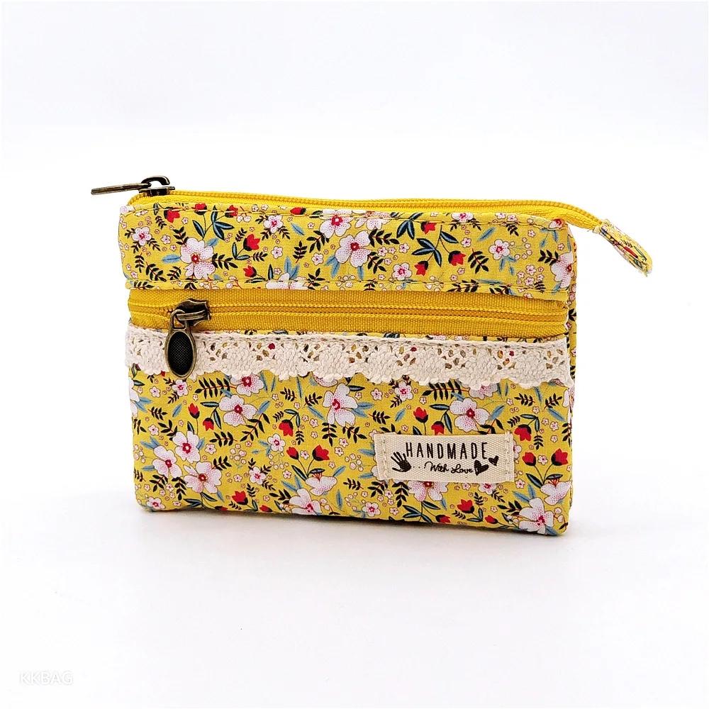 New Fashion Flower Multi-layer Cotton Fabric Coin Purse Women Card Wallet Small Change Bag Retro Canvas Female Hand Purses Pouch