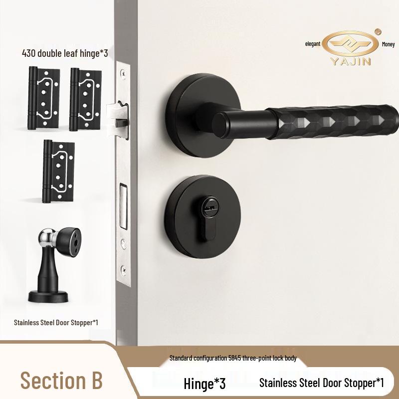 Black Knurled Magnetic Silent Door Handle with Lock for Bedroom Wood Doors