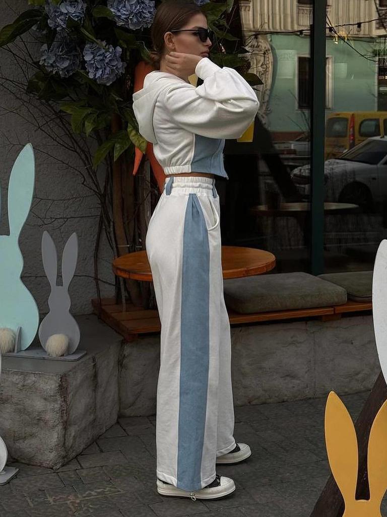 Modisches Freizeit-Hoodie-Set Denim-Patchwork mit Reißverschluss Langarmhose Damen-Outfit 2-teiliges Set