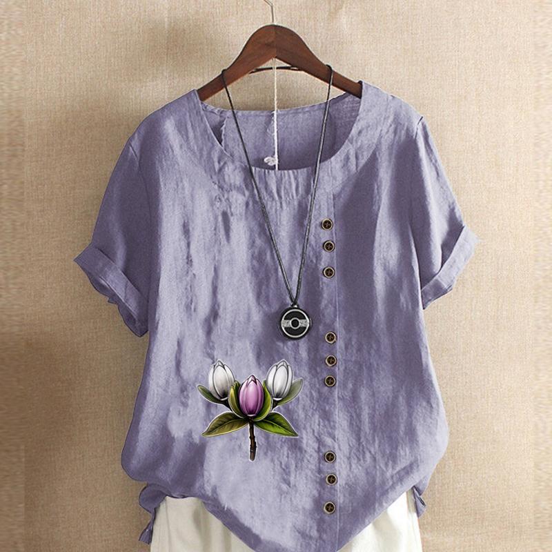 Women's Fashion Flowers Print Short Sleeve T-shirt Loose Cotton Shirt Casual Loose Summer Blouse Tops Plus Size
