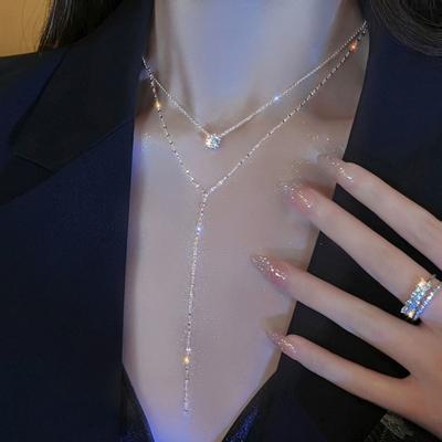 Women Necklace Long Y-shaped Shiny Rhinestone Double Layers Stacked Luxury Stainless Exquisite Adjustable Chest Neck Decoration Pendant Necklace