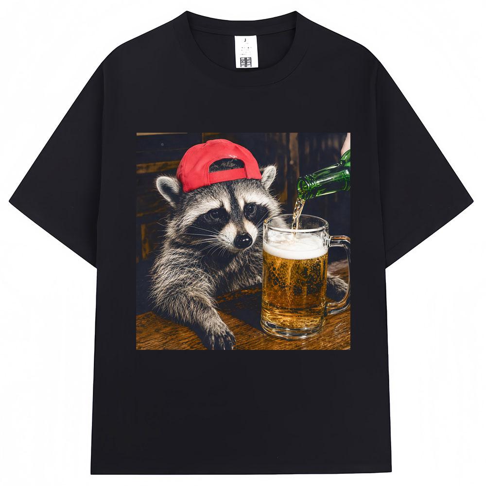 Funny Raccoon Beer Graphic T Shirts Unisex Vintage Fashion Short Sleeve Oversi Casual Summer Tshirts Streetwear