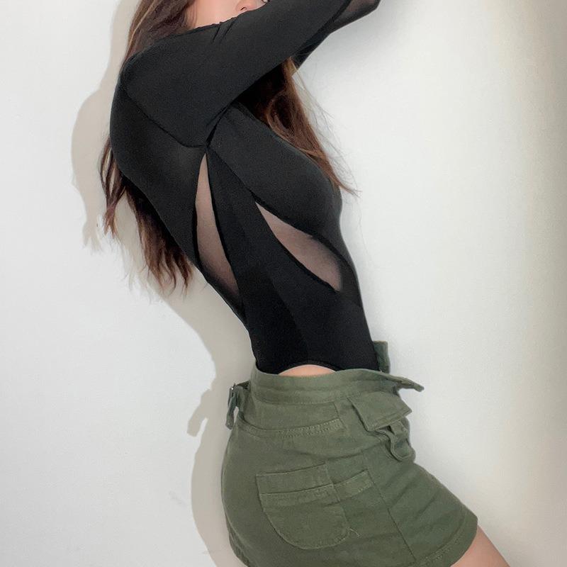 Mesh Splicing See Through Sexy Bodysuits Women Fashion Slim Long Sleeve Jumpsuit Women Playsuits Skinny Mesh Patchwork Vacation Skinny Rompers 24303