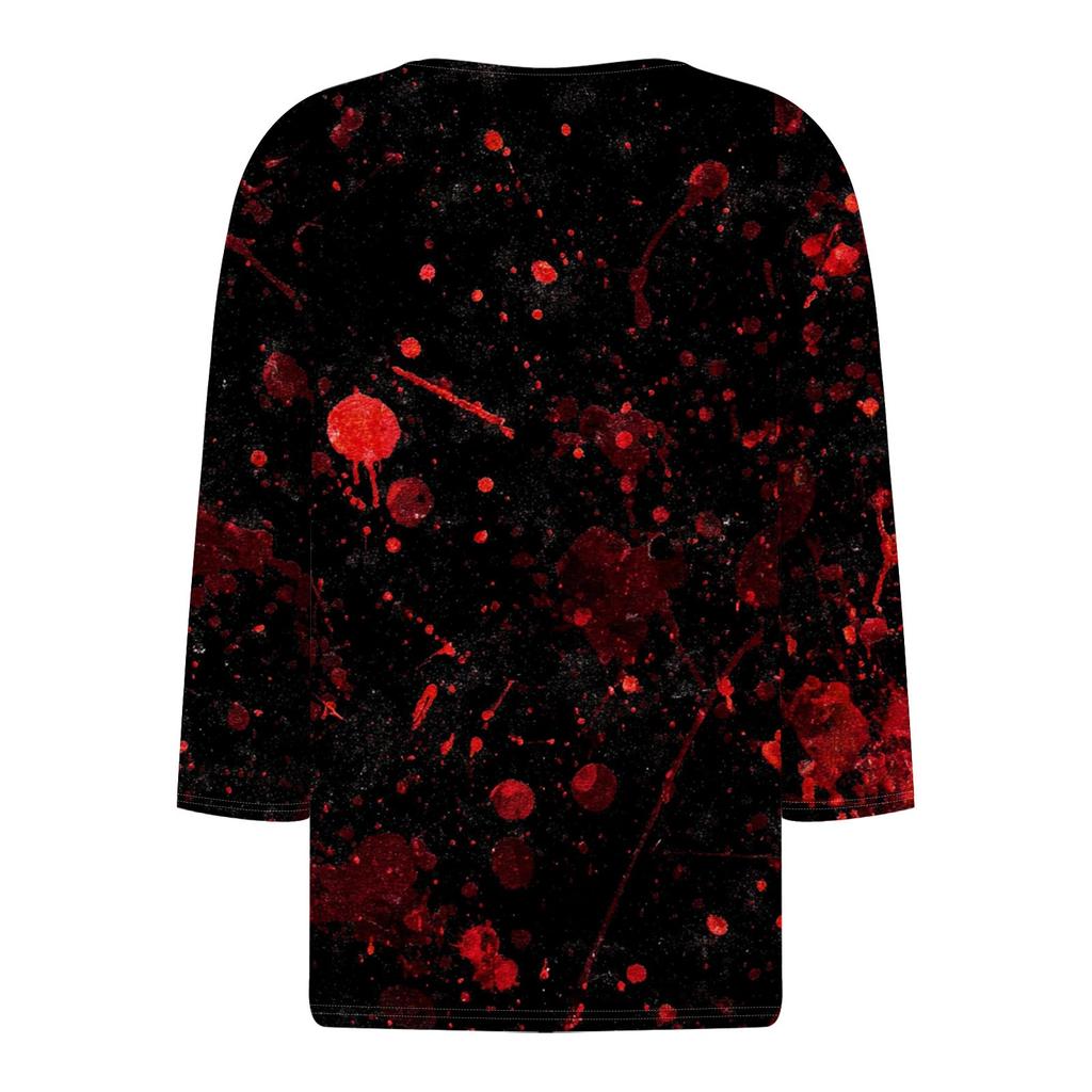 Damesmode Casual Halloween Print V-hals Korte Mouw Decoratieve Knop Driekwart Mouw T-shirt Top