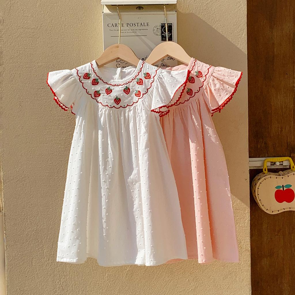 Girls Summer Cotton Dress With Strawberry Embroidery Sweet Cap Sleeve Round Neck Kids Princess Party Casual Sundress