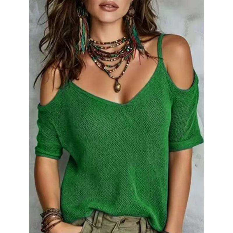 Women S Solid Mesh Cold Shoulder Knit Top Short Sleeve Summer