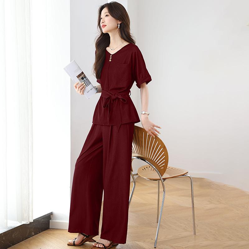 Simple Casual Relaxation Suit Women's Summer New Commuter Temperament Waist Shirt Wide Leg Pants Two-piece Set