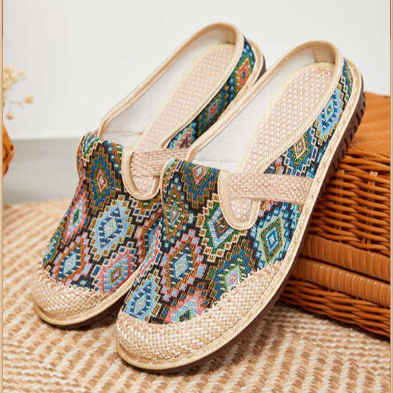 Women's ethnic style half slippers with linen toe caps, women's soft soled casual single shoes