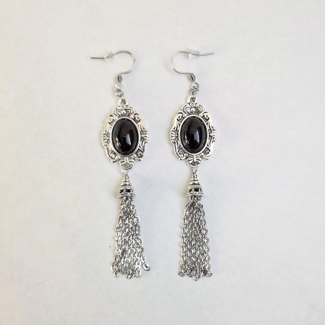 Victorian Black Agate Tassel Earrings in Vintage Baroque Style Jewelry