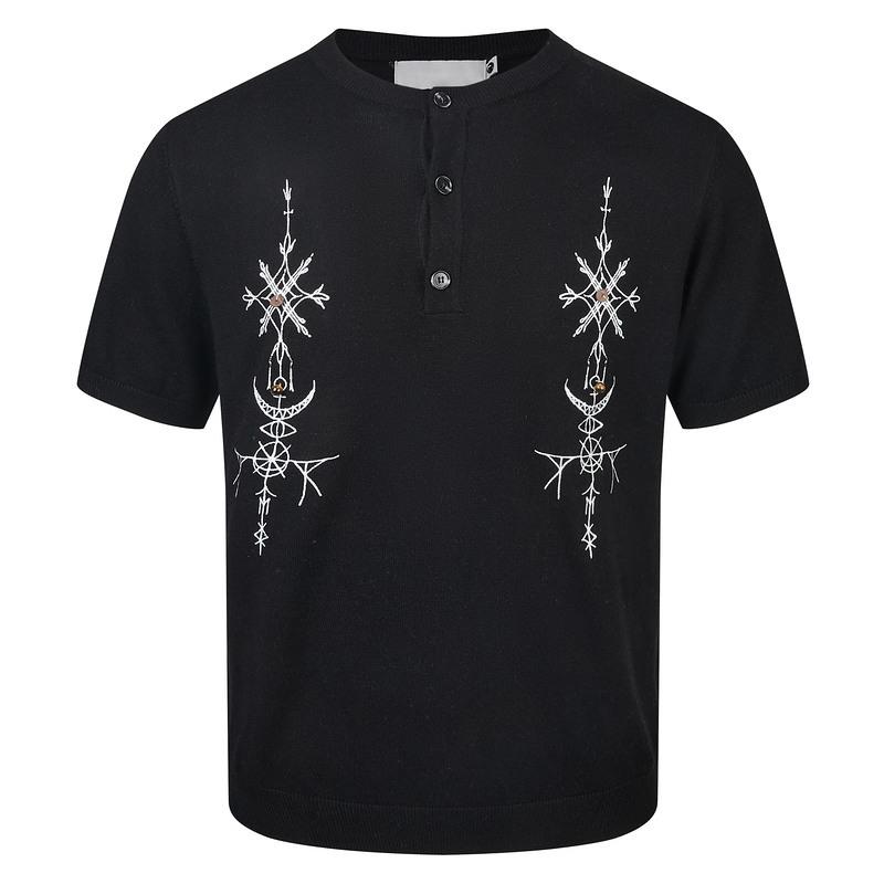 Guangzhou Thirteen Lines Men s Clothing 2026 Summer New Product New Year Henry Neck Embroidered Short Sleeve Loose Casual Men s Knitted Top M чёрный