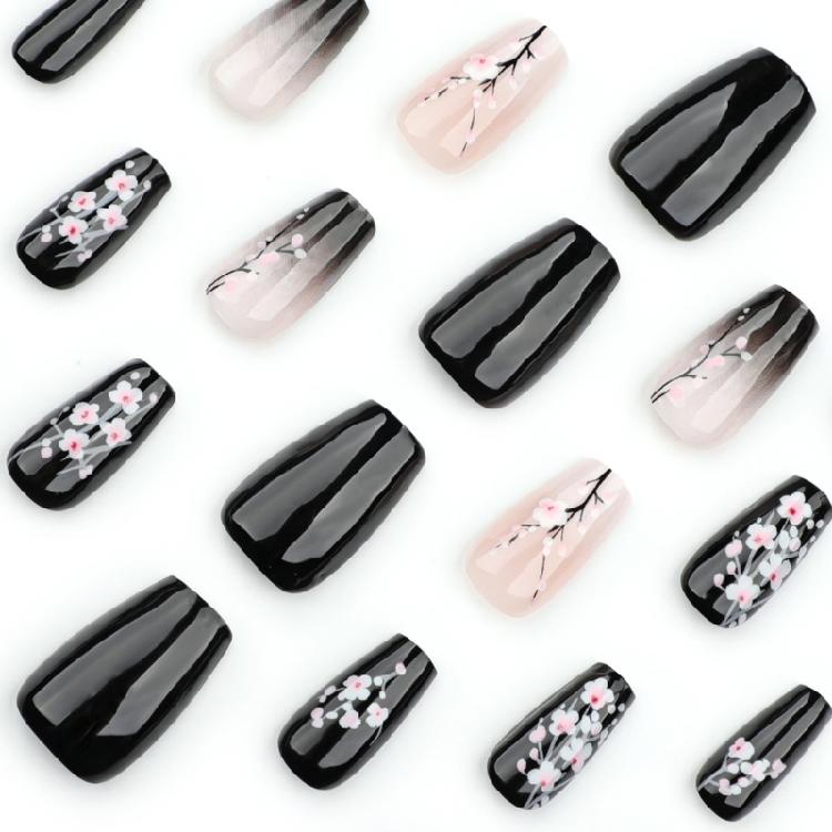 24pcs Fall Flower Press on Nail Coffin Designs Artificial Nail Floral False Nail  Elegant Full Cover Acrylic Nail