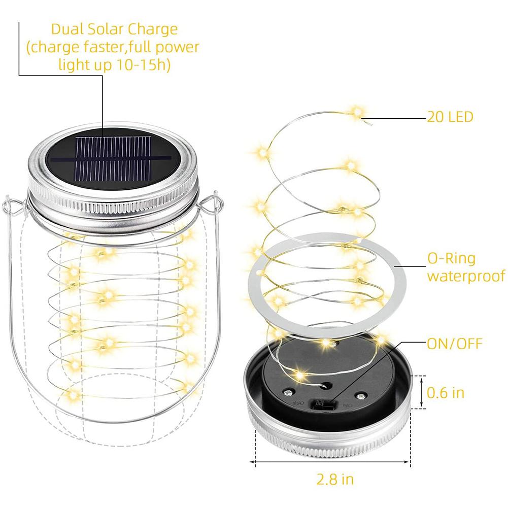 Solar Glass Jar Lid Lights 20 LED Fairy String Lights 6 Pcs Lid Lights with 6 Pcs Hangers for Outdoor Decoration No Jars