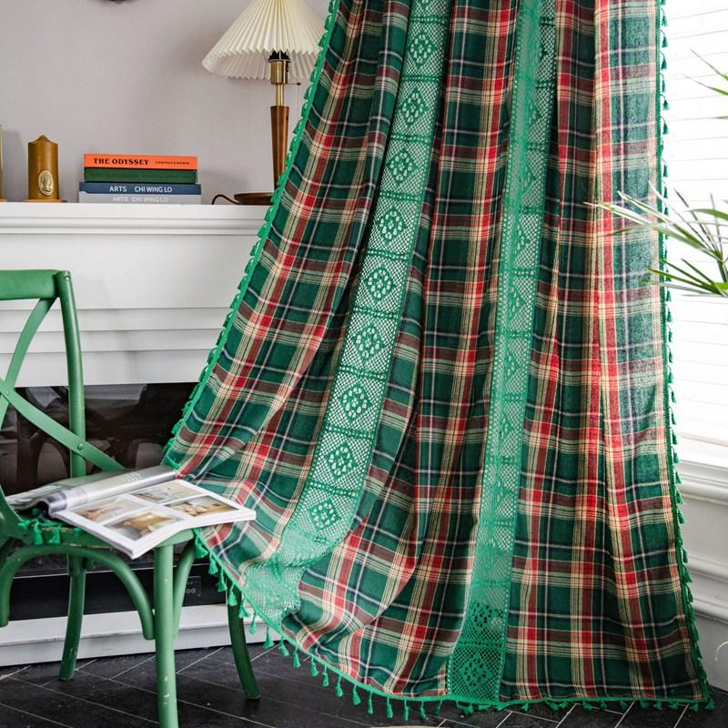 

American Cotton Linen Window Curtain Coffee Plaid Hollow Out Knitting Curtains Blackout with Tassel Curtains for Living Room W150 x H160cm&Threading Rod