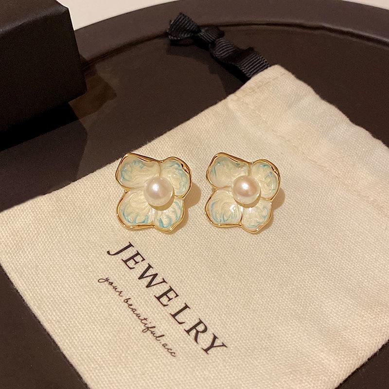 Sterling Silver Needle Flower Pearl Stud Earrings Women s Real Gold Electroplated Enamel Drop Glaze Earrings Ears