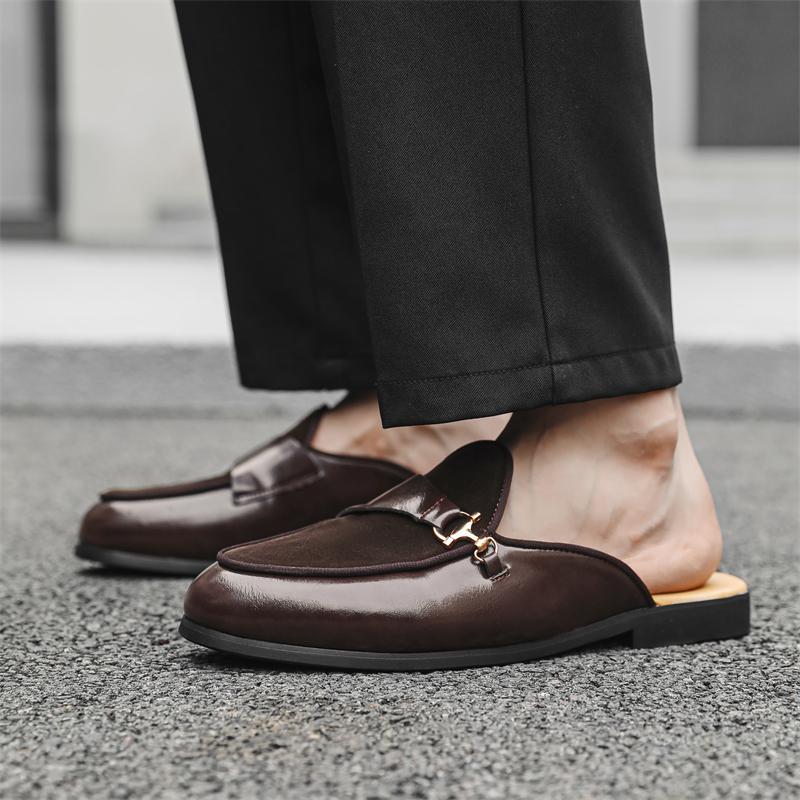 New Men Half Slippers Monk Strap Loafers Male Casual Suede Leather Black Brown Mules Moccasins Breathable Driving Shoes