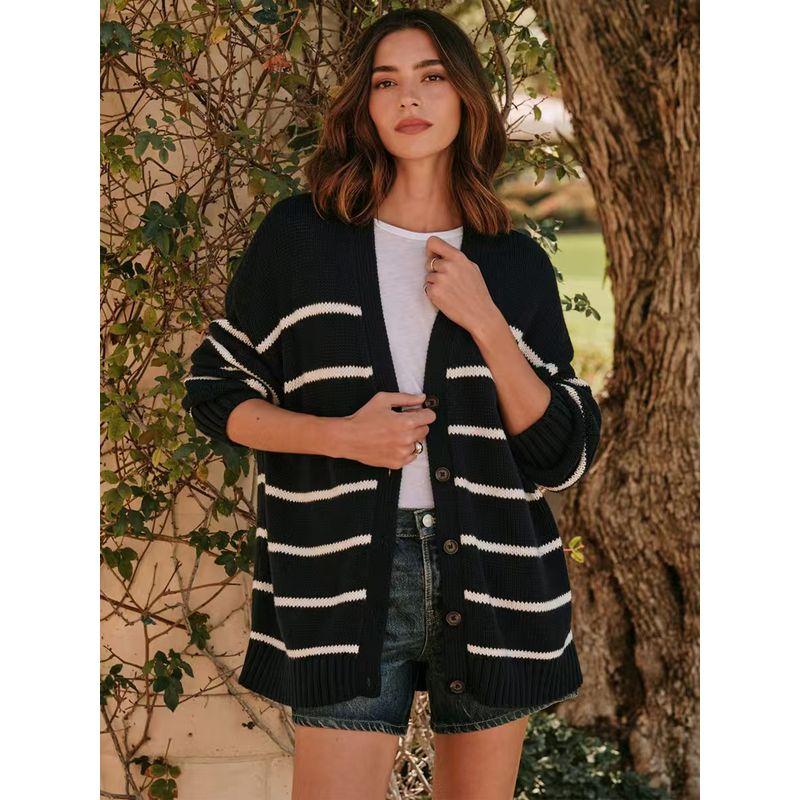 European and American New Fashion Casual Loose Striped Knitted Cardigan sweater Cardigan Knitted Sweater