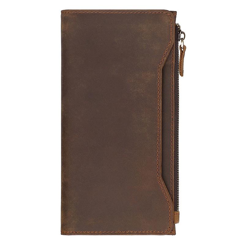 Crazy Horse Leather Long Wallet for Men Full Grain Cowhide Retro Business Wallet Handmade Snap Closure Card Holder Ready Stock