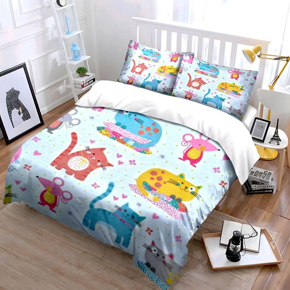Cartoon Cat Print Bedding Set Soft Comfortable Duvet Cover Bedding Set Included 1*Duvet Cover & 2*Pillowcases, Gift