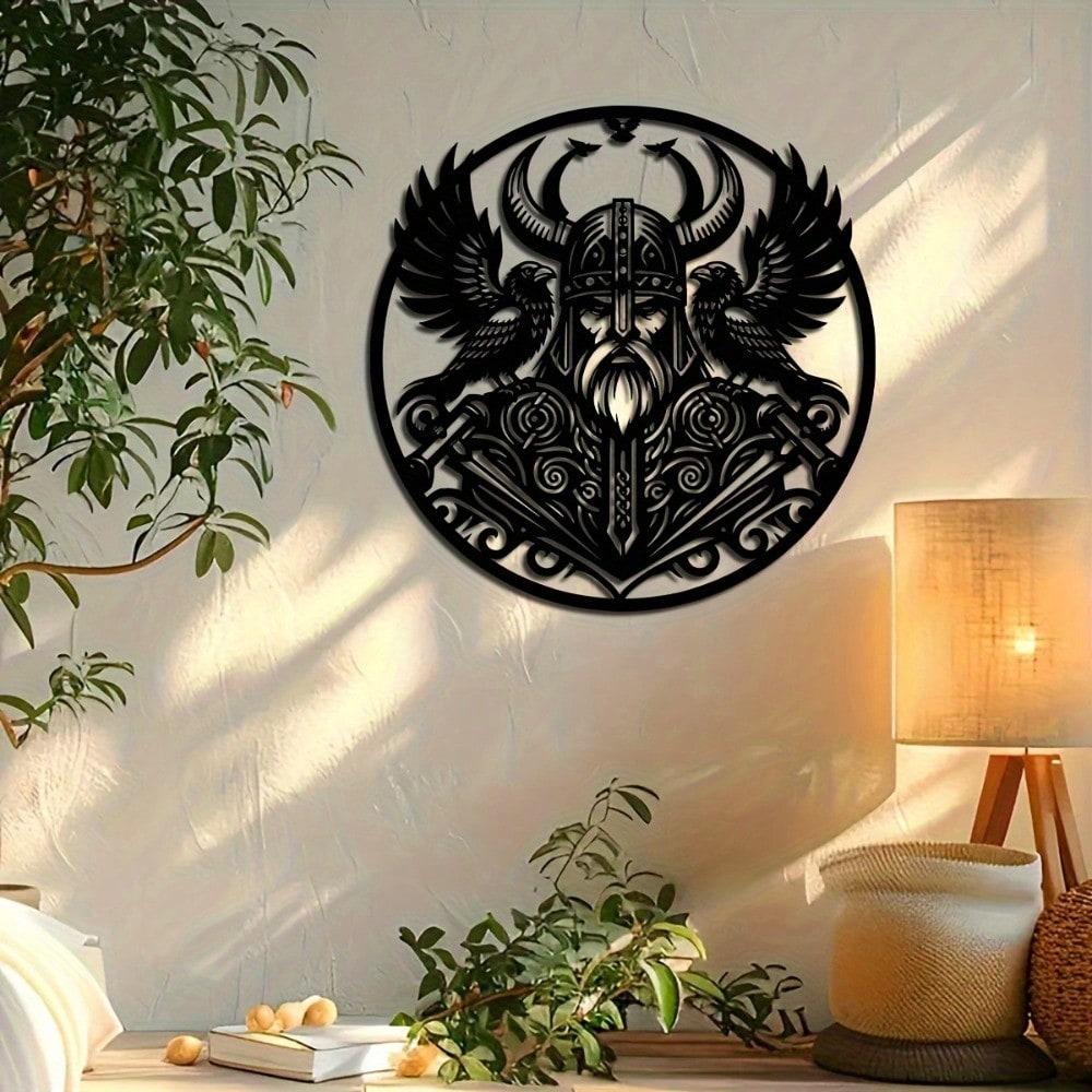 Viking Odin Raven Metal Wall Art, 15.75" Norse Mythology Iron Sculpture for Home Garden Patio Decor