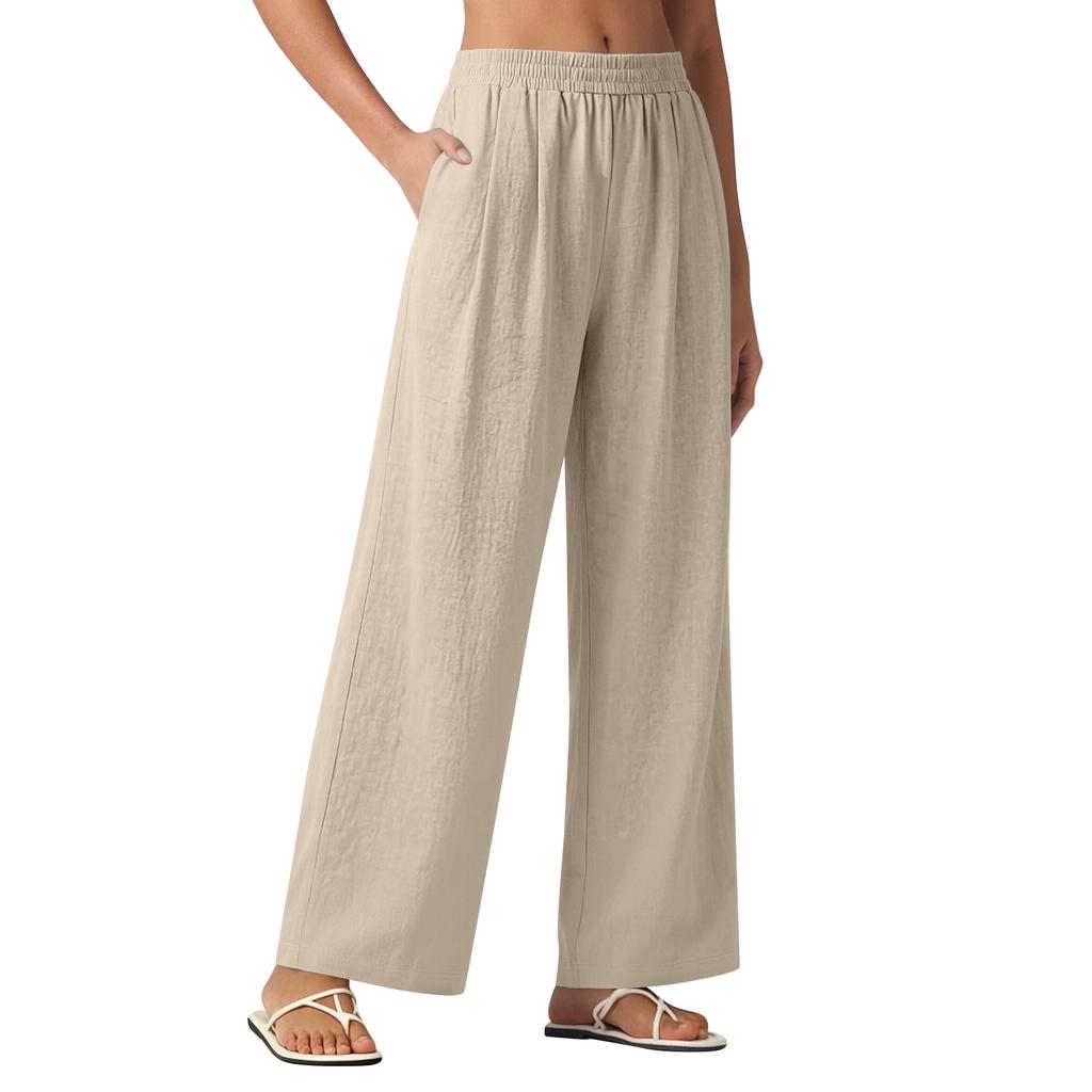 Women Loose Fit Straight Leg Casual Long Pants with Pockets Elastic Waist Lightweight Relaxed Trousers for Daily Wear