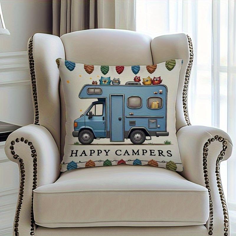 1Pc Happy Campers Rv With Owls Printed Throw Pillow Cover,Suitable For Sofa,Bedroom,Living Room,Fun Gift For Camping Enthusiasts