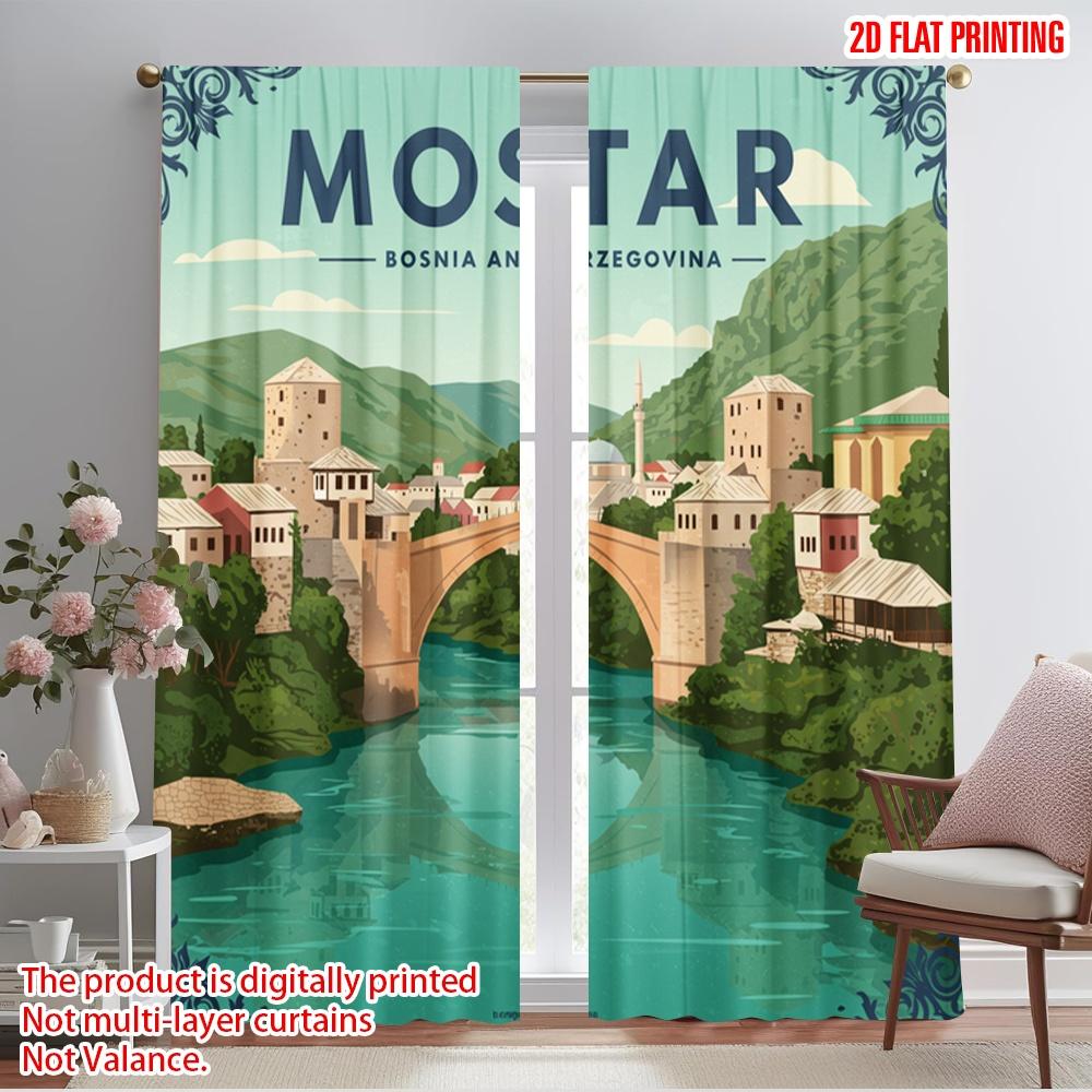 2pcs 2D flat printing Party Curtain Mostar Bridge Bosnia Herzegovina 100% Polyester Fabric Without Electricity Birthday Party